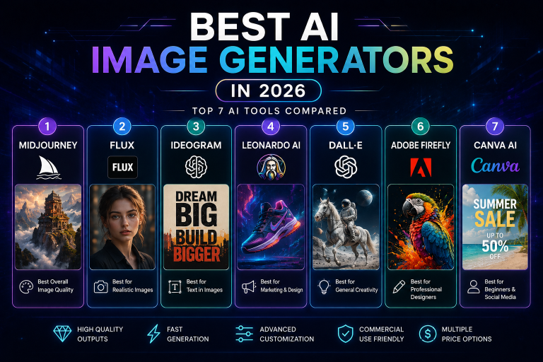 Discover the best AI image generators in 2026. Compare Midjourney, Flux, Ideogram, Leonardo AI, DALL-E, Adobe Firefly and Canva AI.