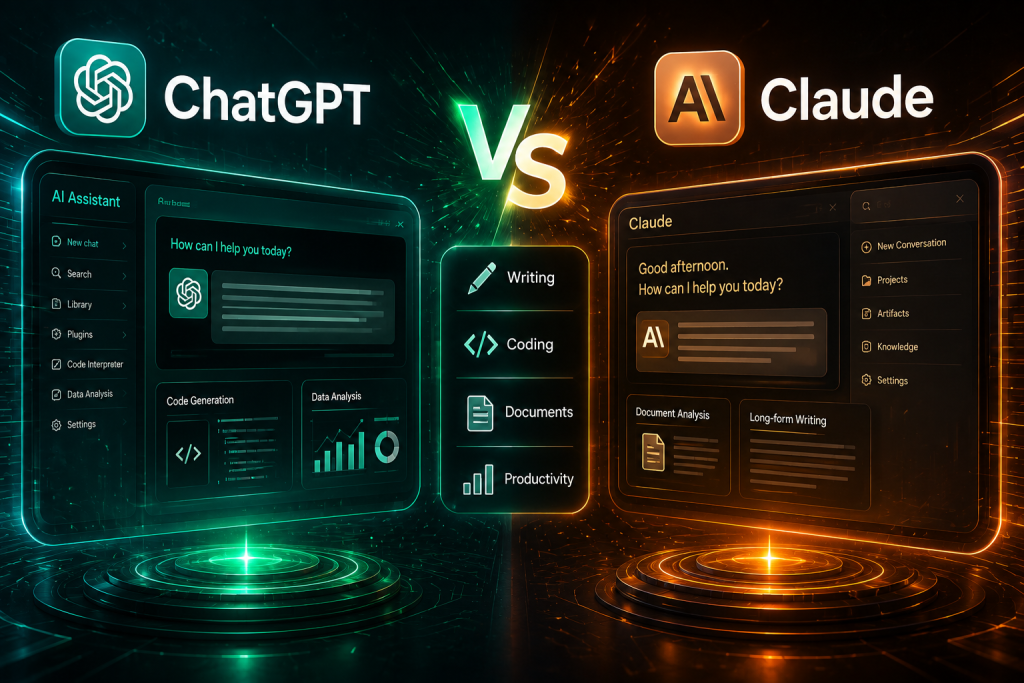 ChatGPT vs Claude comparison in 2026 showing features, writing quality, coding capabilities and productivity tools