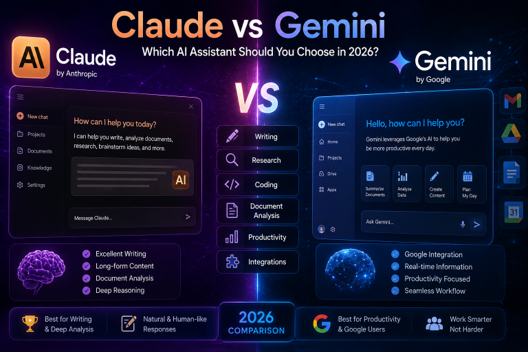 Compare Claude vs Gemini in 2026. Discover differences in writing, research, coding, productivity, pricing, and find the best AI assistant for your needs.
